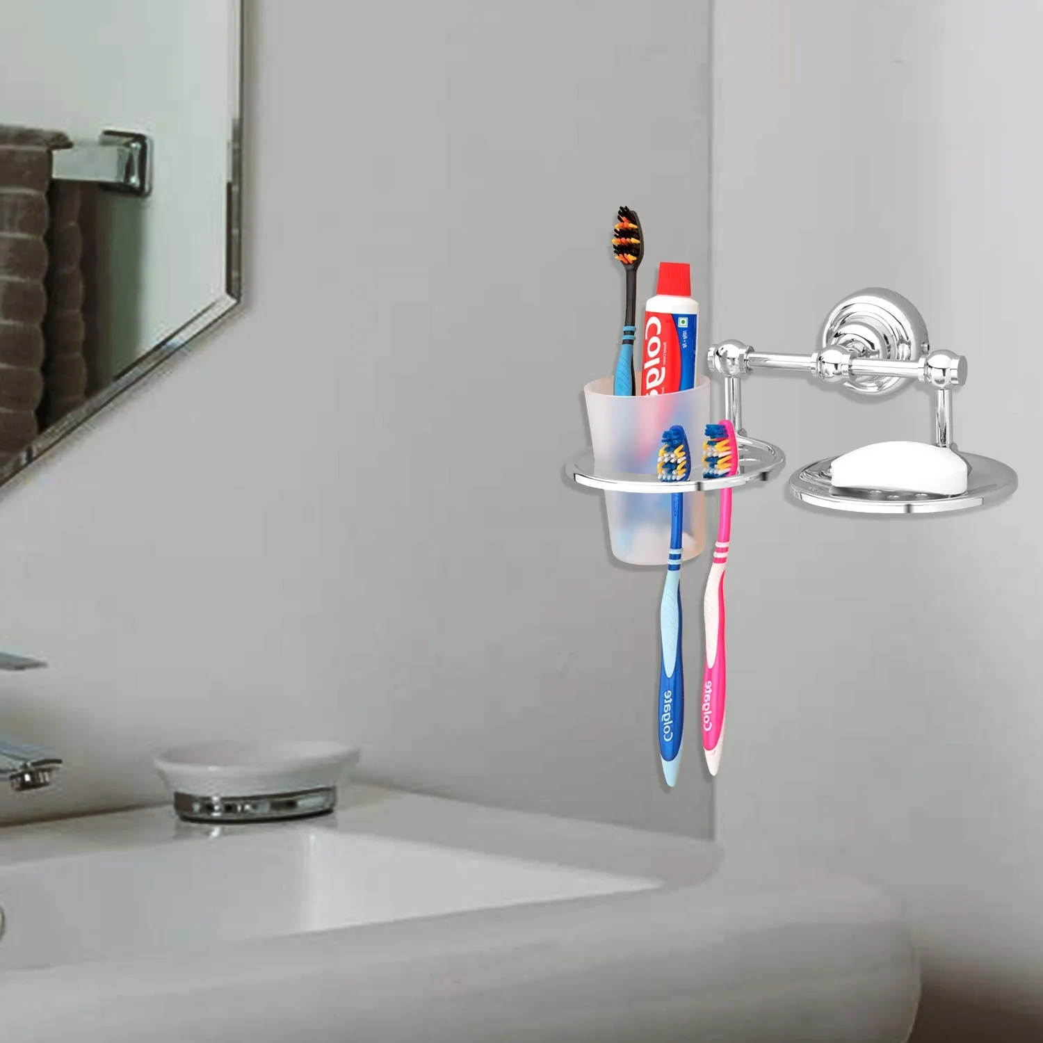 Plantex Platinum Stainless Steel 304 Grade Skyllo 2in1 Soap Dish with Tumbler Holder/Soap Stand/Tooth Brush Holder/Bathroom Accessories(Chrome) - Pack of 3