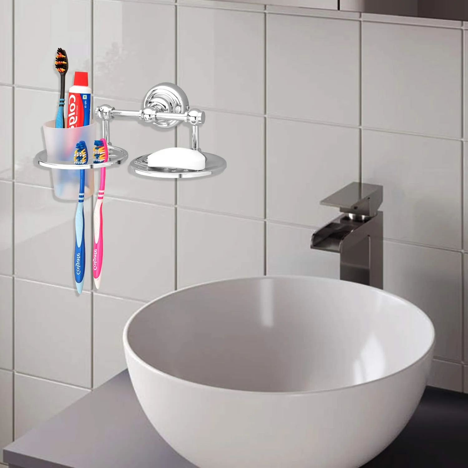 Plantex Platinum Stainless Steel 304 Grade Skyllo 2in1 Soap Dish with Tumbler Holder/Soap Stand/Tooth Brush Holder/Bathroom Accessories(Chrome) - Pack of 3
