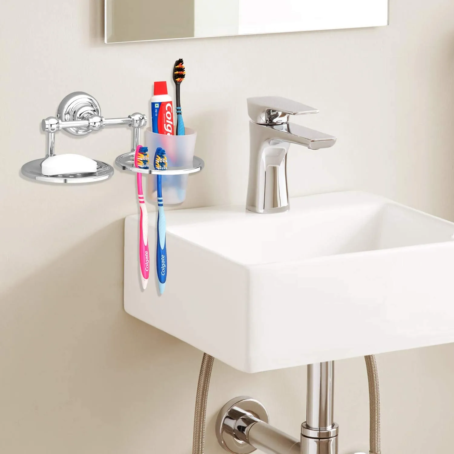 Plantex Platinum Stainless Steel 304 Grade Skyllo 2in1 Soap Dish with Tumbler Holder/Soap Stand/Tooth Brush Holder/Bathroom Accessories(Chrome) - Pack of 3