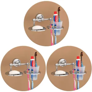Plantex Platinum Stainless Steel 304 Grade Skyllo 2in1 Soap Dish with Tumbler Holder/Soap Stand/Tooth Brush Holder/Bathroom Accessories(Chrome) - Pack of 3