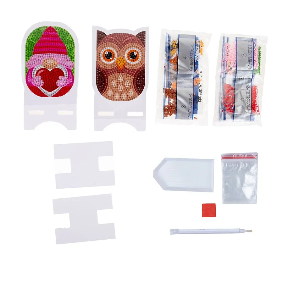 "Owl & Gnome" Crystal Art Mobile Phone Holder Set of 2