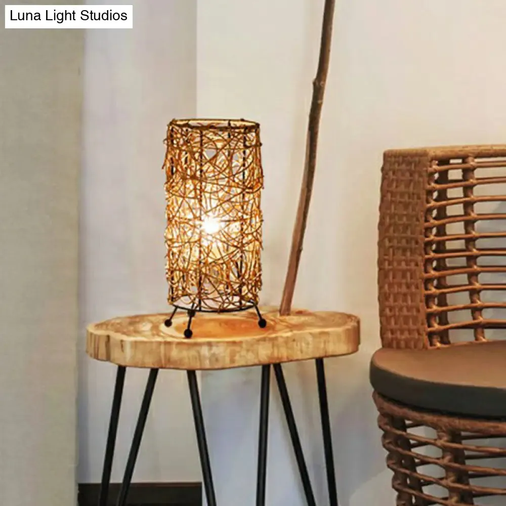 Rattan Cylindrical Table Lamp: Modern Style, Single-Bulb Nightstand Lighting for Living Rooms