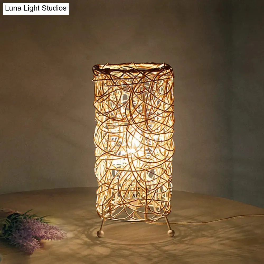 Rattan Cylindrical Table Lamp: Modern Style, Single-Bulb Nightstand Lighting for Living Rooms