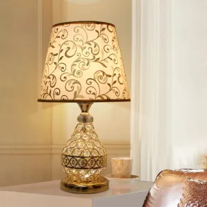 Retro Gold Swirl Pattern Table Lamp with Vase Crystal Pedestal – Bedside Nightstand Light
