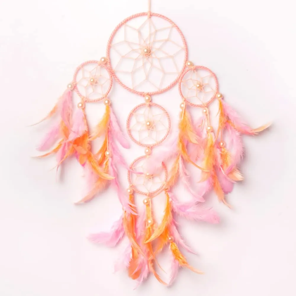 Rooh Dream Catcher ~ Pastel Peach and Pink 4 Tier with LED Lights ~ Handmade Hangings for Positivity (Can be Used as Home Décor Accents, Wall Feather Hangings,Meditation Room, Yoga Temple, Windchime)