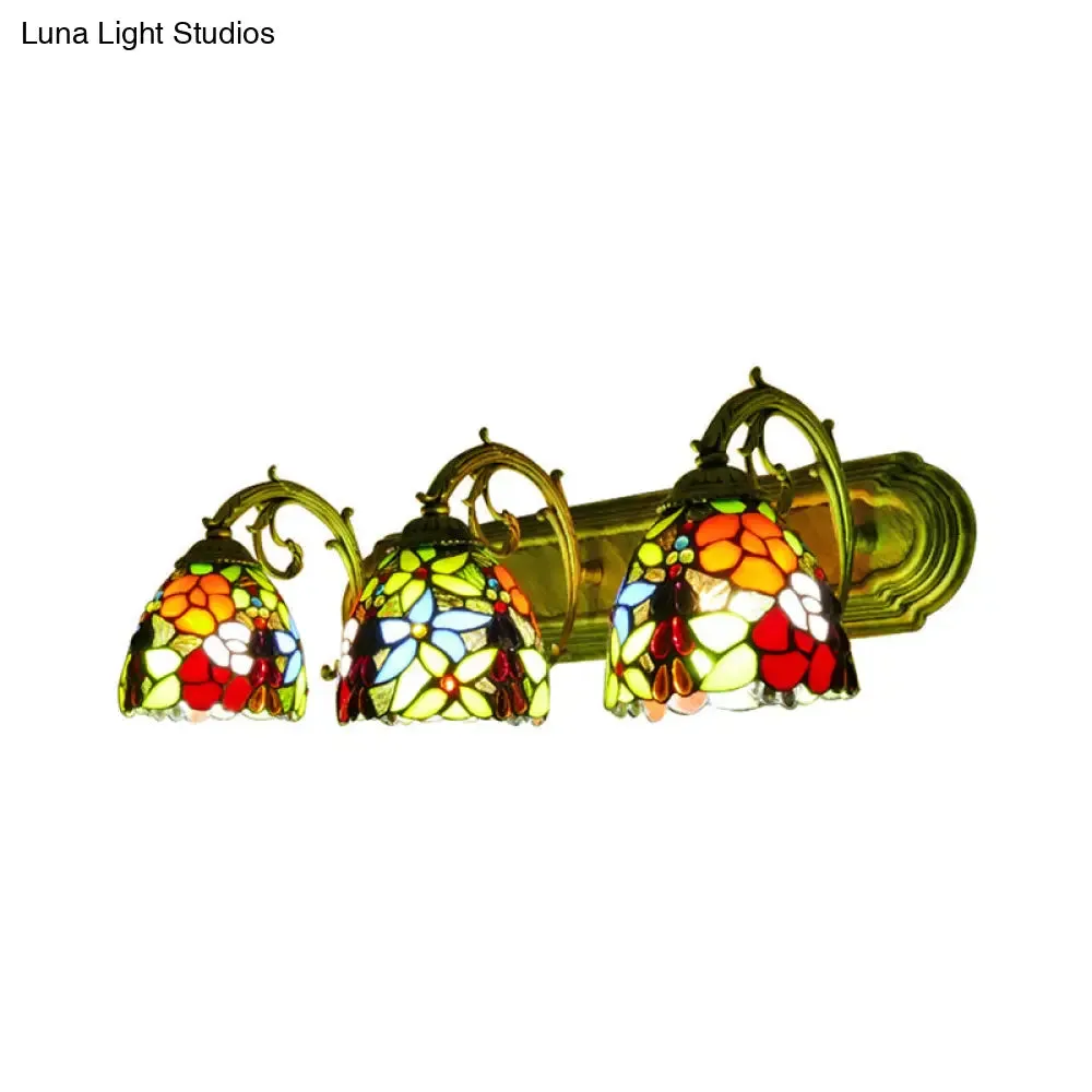 Rustic Dome Wall Sconce Stained Glass Lighting with Colorful Flower Pattern - 3 Lights