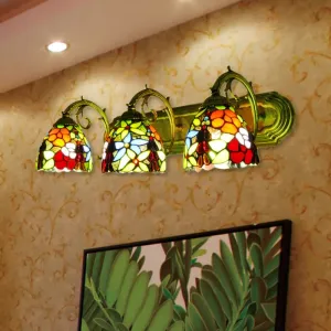 Rustic Dome Wall Sconce Stained Glass Lighting with Colorful Flower Pattern - 3 Lights