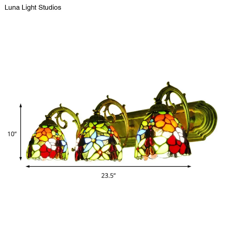 Rustic Dome Wall Sconce Stained Glass Lighting with Colorful Flower Pattern - 3 Lights