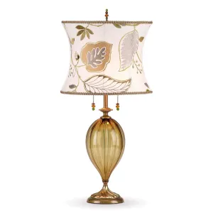 Sadie Table Lamp 168 I 146 by Kinzig Design, Colors Amber Glass, Green Amber Cream Embroidered Linen Shade