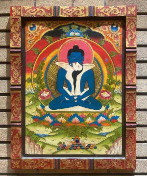 Shakti Buddha Framed Wooden Thangka w/ Relief Painting