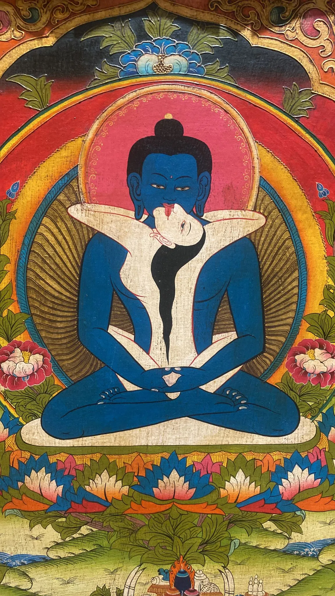 Shakti Buddha Framed Wooden Thangka w/ Relief Painting