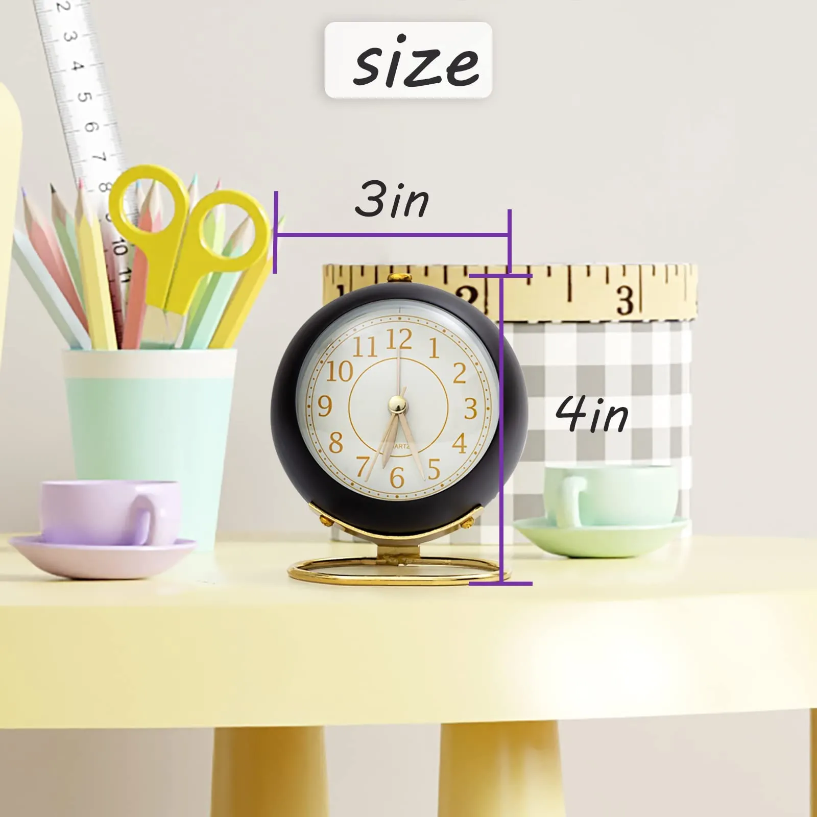 SHISEDECO Small Table Clocks, Classic Non-Ticking Tabletop Alarm Clock with Backlight, Battery Operated Desk Clock with HD Glass for Living Room Bedroom Bedside Indoor Decor (Black Gold)
