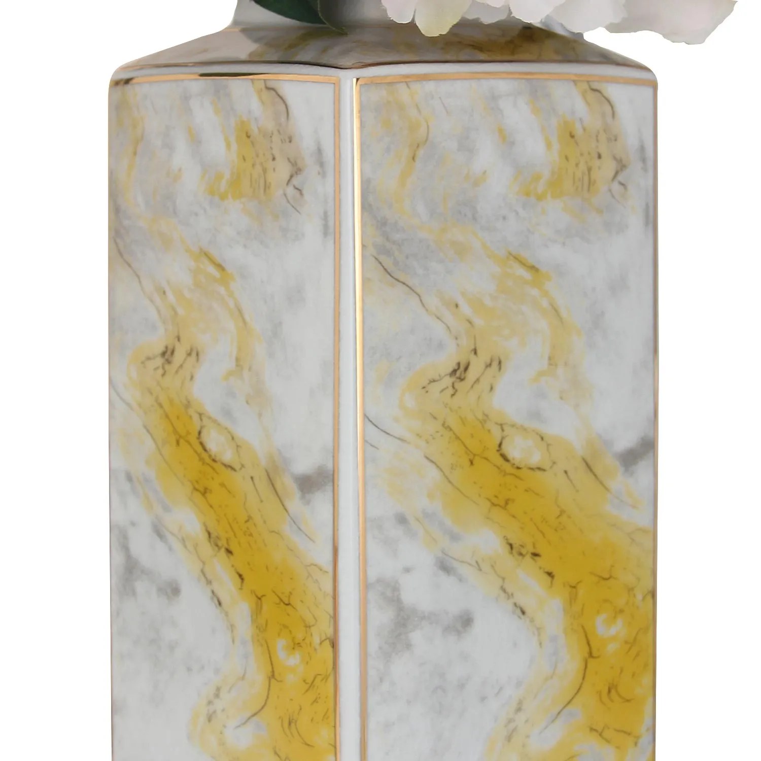 Square Ceramic Jar with Gold and Gray Marble Design