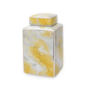 Square Ceramic Jar with Gold and Gray Marble Design