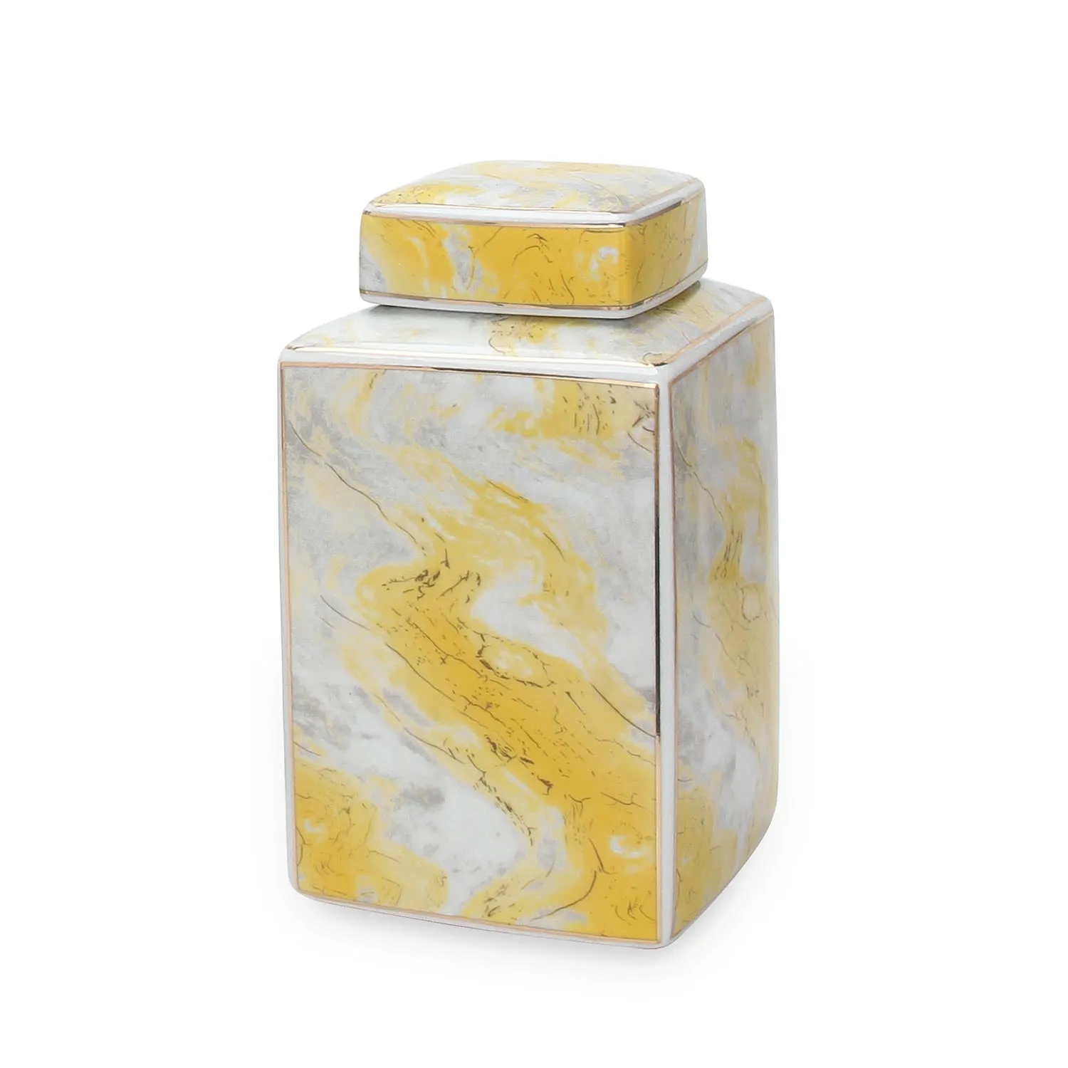 Square Ceramic Jar with Gold and Gray Marble Design