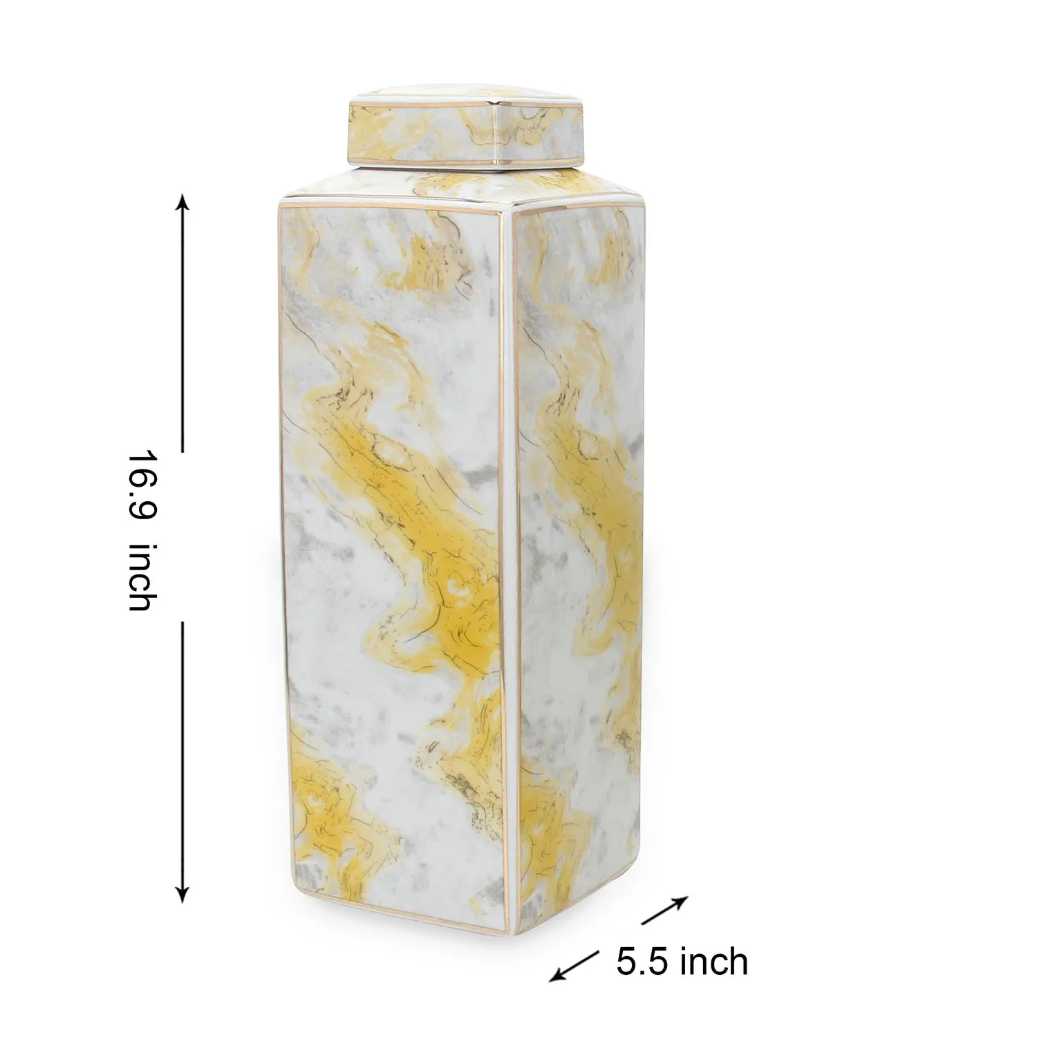 Square Ceramic Jar with Gold and Gray Marble Design