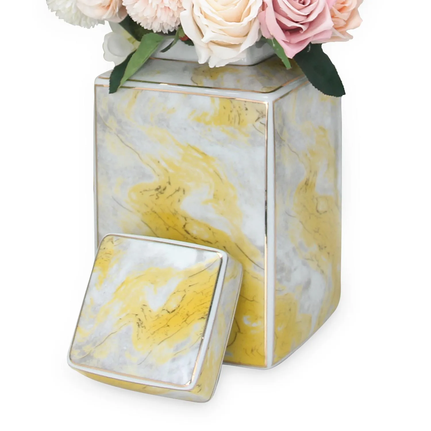 Square Ceramic Jar with Gold and Gray Marble Design