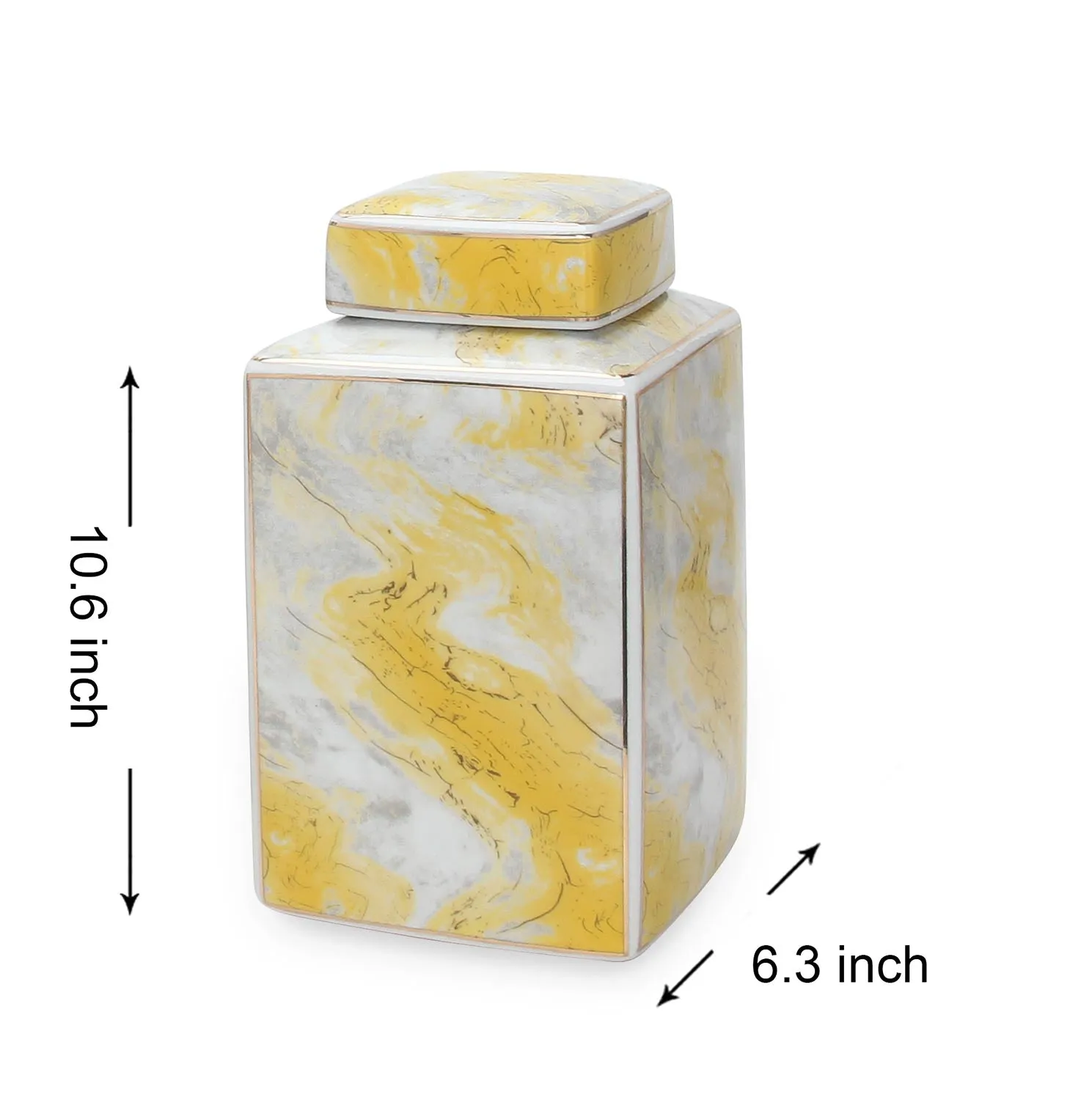 Square Ceramic Jar with Gold and Gray Marble Design