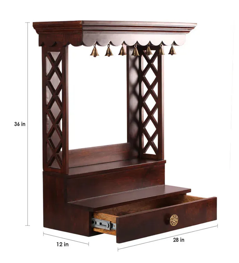 Stylish Brown Teak Wood Wall Mounted Mandir Without Door Home Temple In Brown