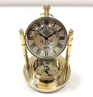 Table Clock Desk Clock Working Compass is Attached to it. Vintage Desk Table Decorative. and Gifting Item (4 X 2.5 Inches)