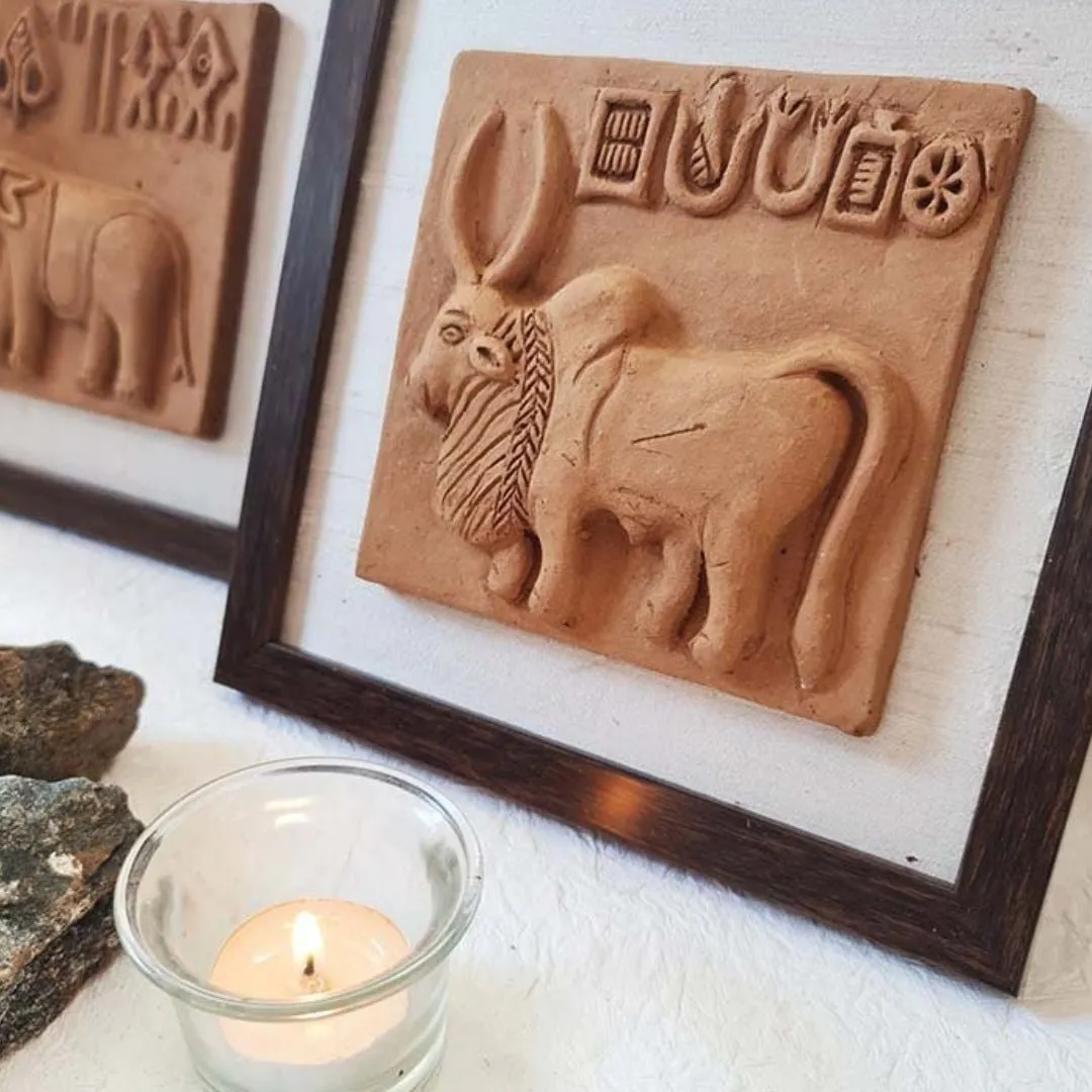 Terracotta Harappan Bull Seal Replica With Frame |Handmade In India | Wall Decor | Gift