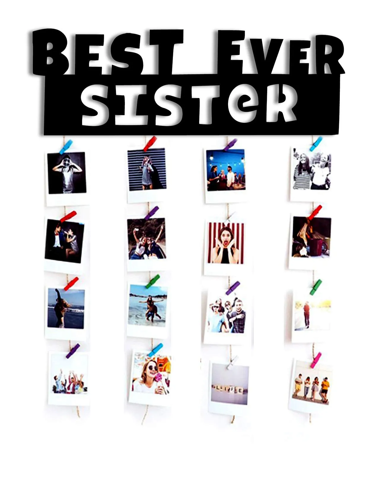 VAH Best Sister Ever wooden Hanging Photo Display Picture Frame Collage Picture Display Organizer with Wood Clips for Wall Decor Hanging Photos
