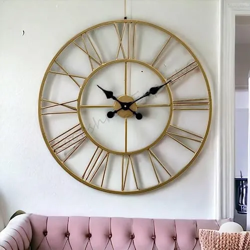 Vintage Clock Iron Hand-Crafted Large Brass Colour Wall Clock (60 x 60 cm)