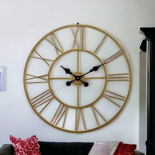 Vintage Clock Iron Hand-Crafted Large Brass Colour Wall Clock (60 x 60 cm)