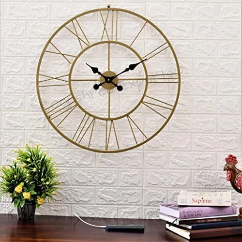 Vintage Clock Iron Hand-Crafted Large Brass Colour Wall Clock (60 x 60 cm)
