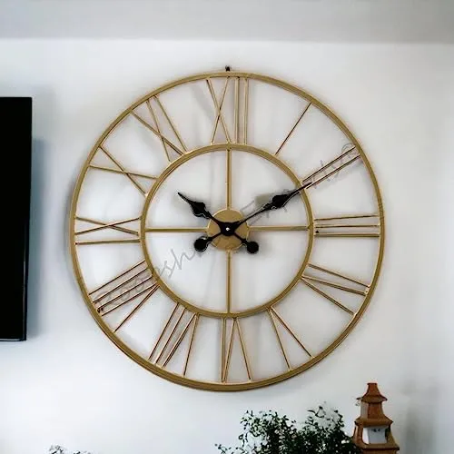 Vintage Clock Iron Hand-Crafted Large Brass Colour Wall Clock (60 x 60 cm)