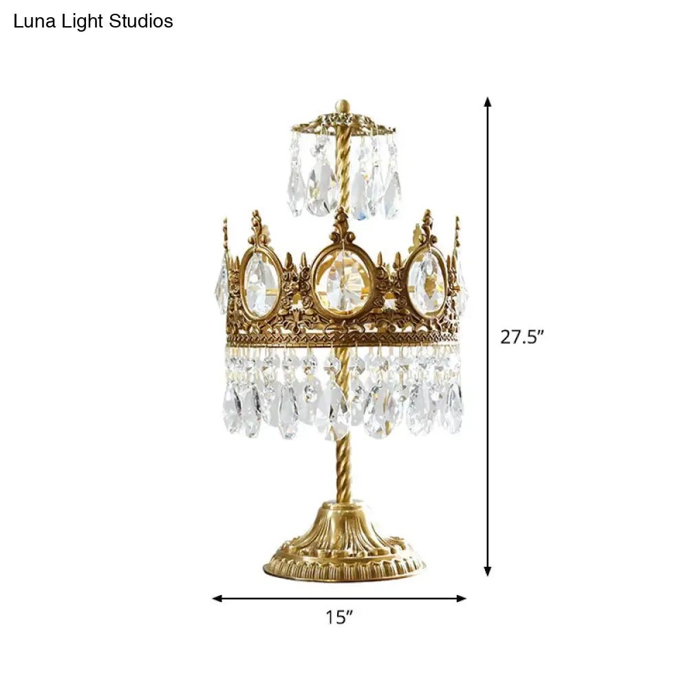 Vintage Crown Shaped Crystal Brass Nightstand Lamp - Bedroom Table Lighting
