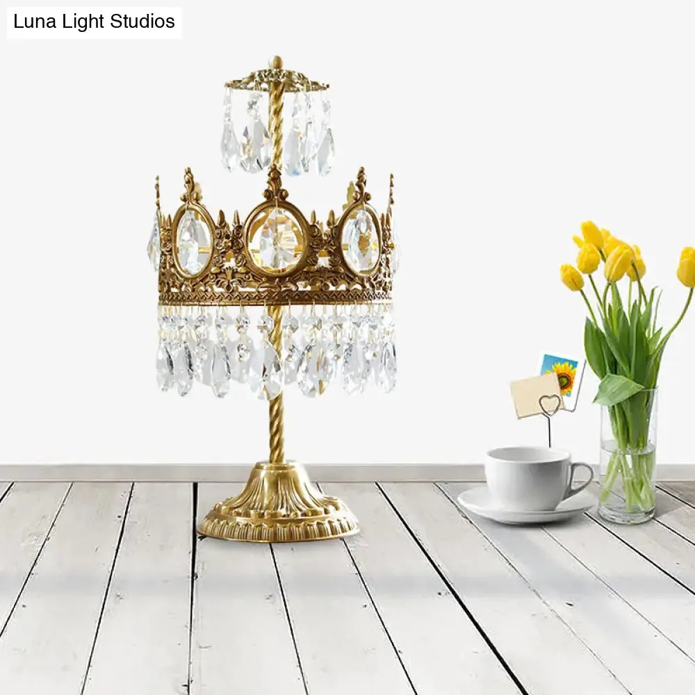 Vintage Crown Shaped Crystal Brass Nightstand Lamp - Bedroom Table Lighting