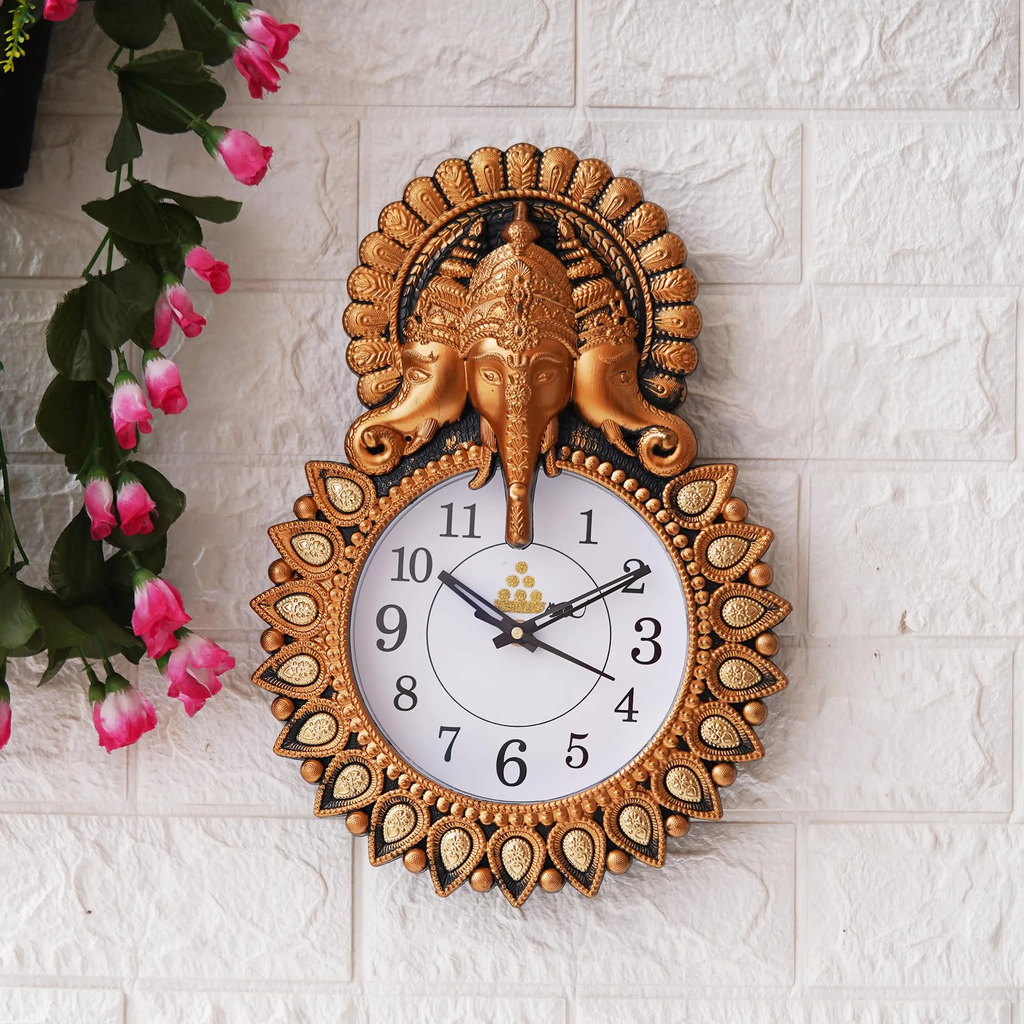 Webelkart Premium Plastic Designer Stones Ganesha Wall Clock for Home and Office Décor, Living Room, Bedroom (Copper, 12 Inch)