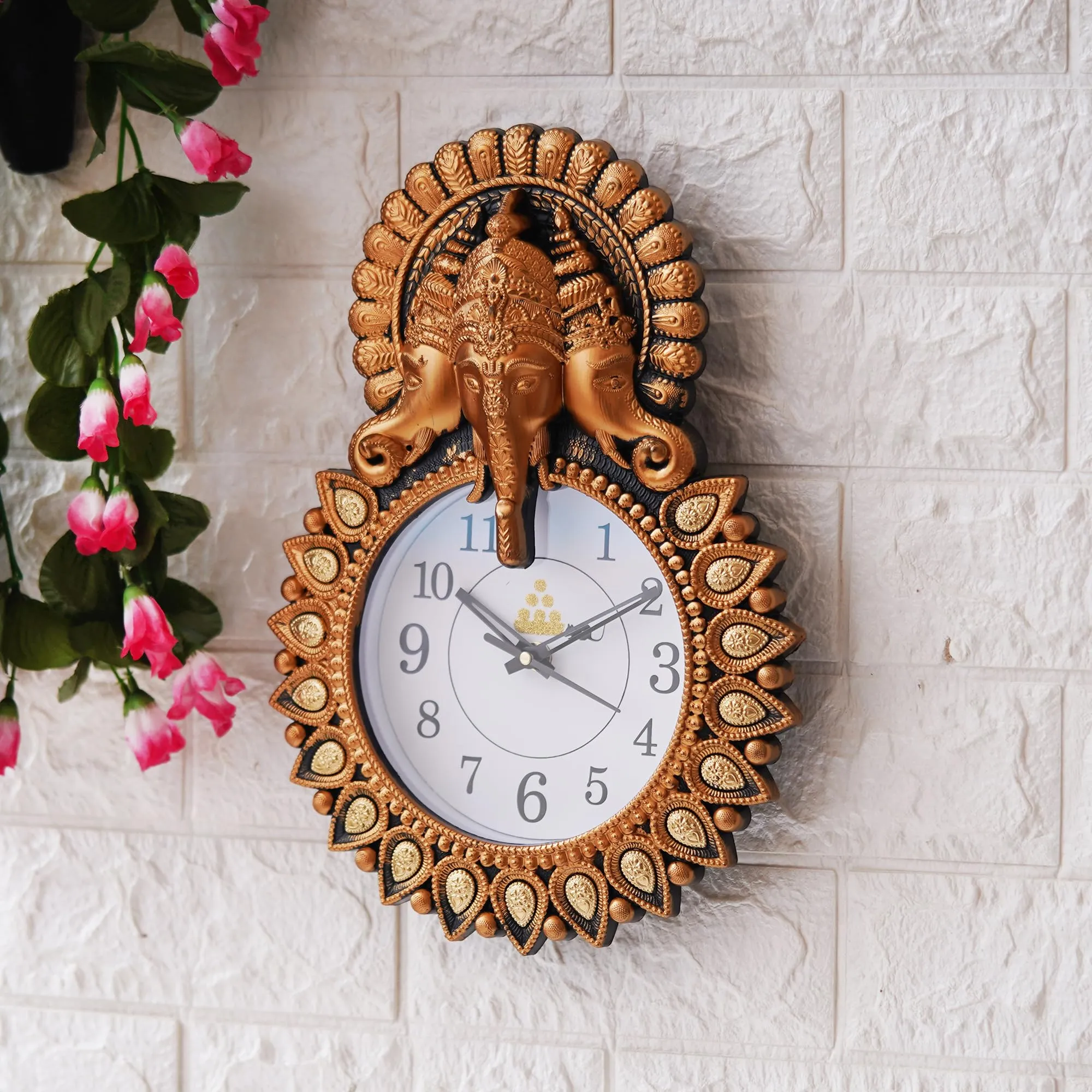 Webelkart Premium Plastic Designer Stones Ganesha Wall Clock for Home and Office Décor, Living Room, Bedroom (Copper, 12 Inch)