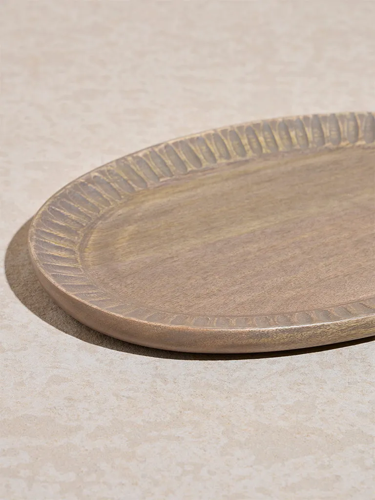 Westside Home Beige Ribbed Detailed Wooden Tray - Small