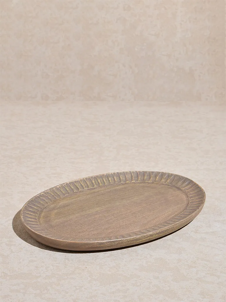Westside Home Beige Ribbed Detailed Wooden Tray - Small