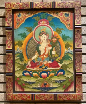 White Tara Framed Wooden Thangka w/ Relief Painting