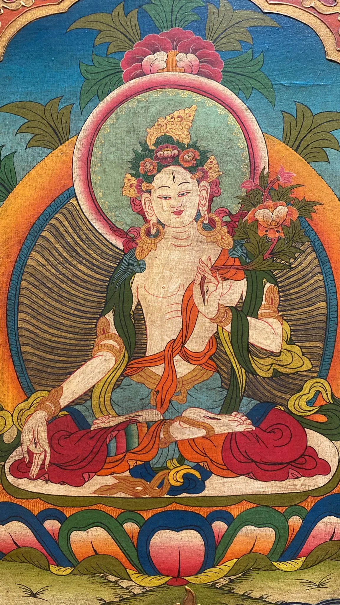 White Tara Framed Wooden Thangka w/ Relief Painting