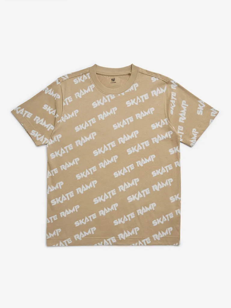 Y&F Kids Dark Beige Text Printed Cotton T-Shirt