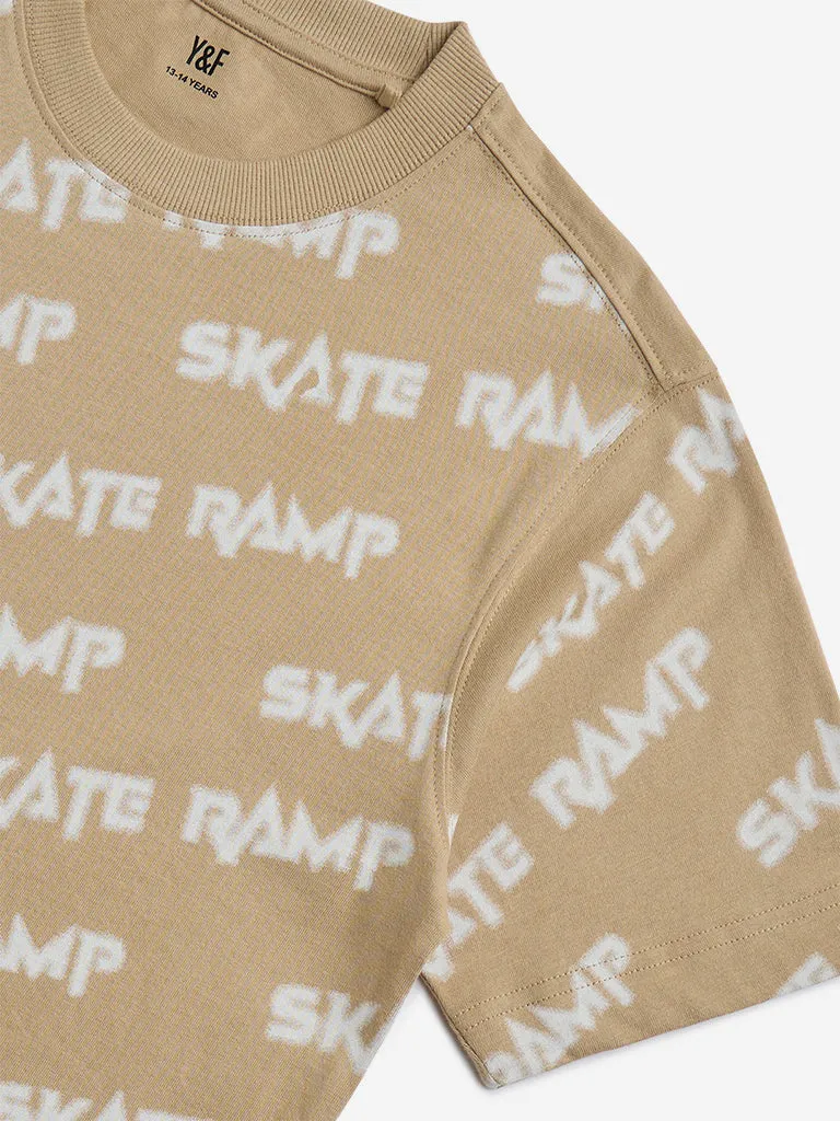 Y&F Kids Dark Beige Text Printed Cotton T-Shirt
